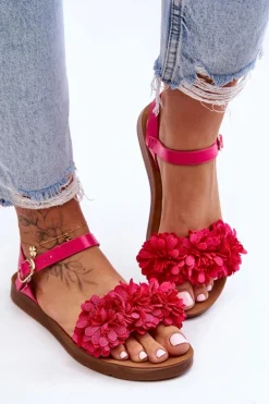Damskie Sandały Z Materiałowymi Kwiatami Fuksja Fiori