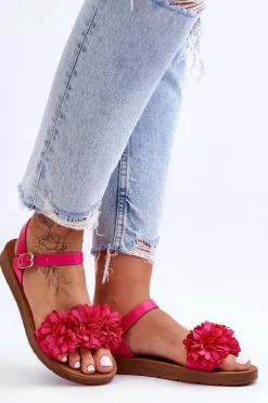 Damskie Sandały Z Materiałowymi Kwiatami Fuksja Fiori