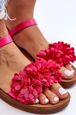 Damskie Sandały Z Materiałowymi Kwiatami Fuksja Fiori