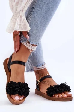 Damskie Sandały Z Materiałowymi Kwiatami Czarne Fiori