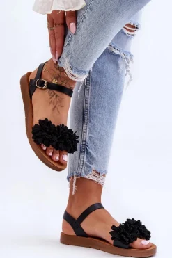 Damskie Sandały Z Materiałowymi Kwiatami Czarne Fiori