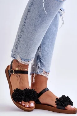 Damskie Sandały Z Materiałowymi Kwiatami Czarne Fiori