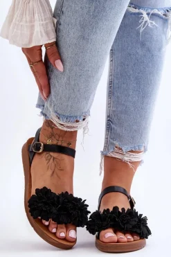 Damskie Sandały Z Materiałowymi Kwiatami Czarne Fiori