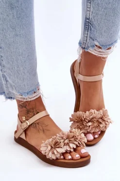 Damskie Sandały Z Materiałowymi Kwiatami Beżowe Fiori