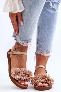 Damskie Sandały Z Materiałowymi Kwiatami Beżowe Fiori