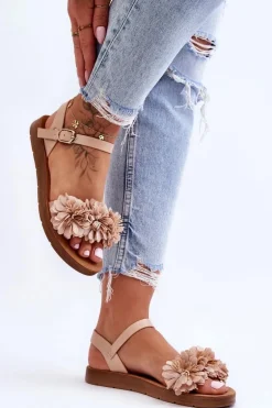 Damskie Sandały Z Materiałowymi Kwiatami Beżowe Fiori