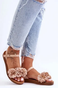 Damskie Sandały Z Materiałowymi Kwiatami Beżowe Fiori