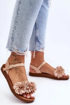 Damskie Sandały Z Materiałowymi Kwiatami Beżowe Fiori