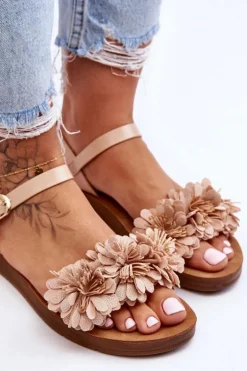 Damskie Sandały Z Materiałowymi Kwiatami Beżowe Fiori