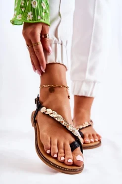 Damskie Sandały Z Ozdobami Na Pasku Czarne Alamis