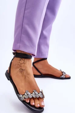 Damskie Sandały Z Ozdobnymi Motylami Czarne Jeane