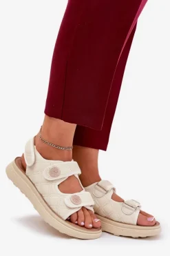 Damskie Sandały Z Ozdobnymi Detalami Na Rzepy Beżowe Zoliner