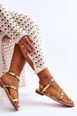 Damskie Sandały Z Ozdobnymi Muszelkami Złote Verdem