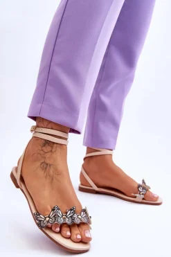 Damskie Sandały Z Ozdobnymi Motylami Beżowe Jeane