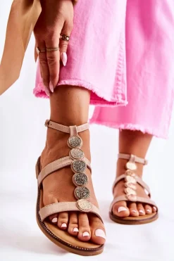 Damskie Sandały Z Ozdobnym Paskiem Beżowe Seila