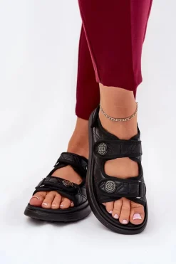 Damskie Sandały Z Ozdobnymi Detalami Na Rzepy Czarne Zoliner