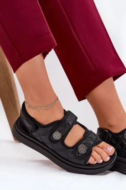 Damskie Sandały Z Ozdobnymi Detalami Na Rzepy Czarne Zoliner