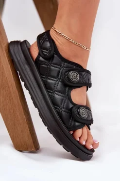 Damskie Sandały Z Ozdobnymi Detalami Na Rzepy Czarne Zoliner