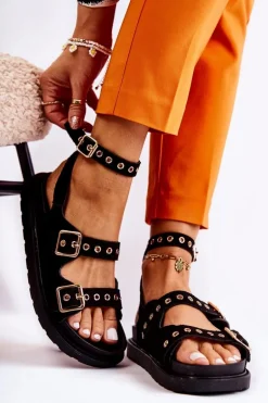 Damskie Sandały Zamszowe Z Paskami Czarne Parys