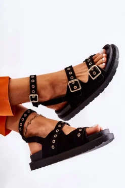 Damskie Sandały Zamszowe Z Paskami Czarne Parys