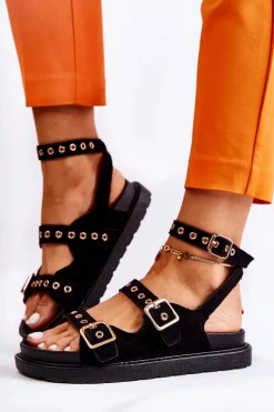 Damskie Sandały Zamszowe Z Paskami Czarne Parys