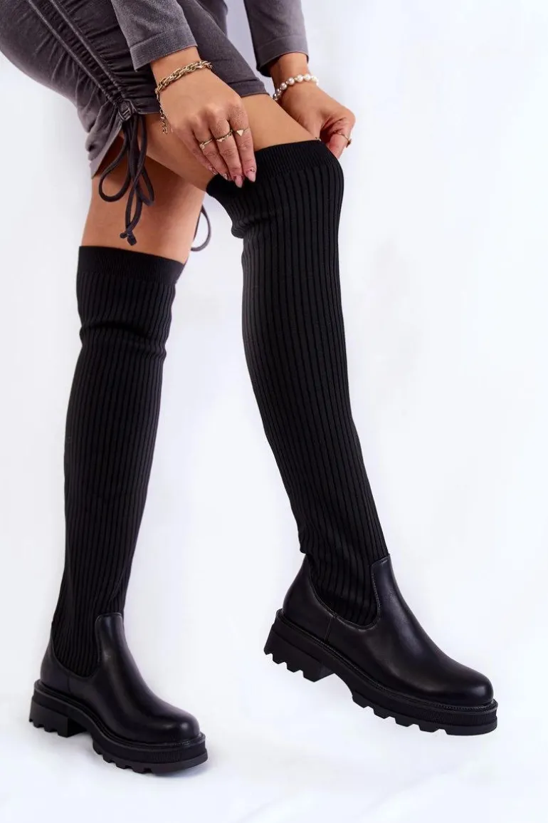 Damskie Skarpetkowe Kozaki Za Kolano Czarne Glorie