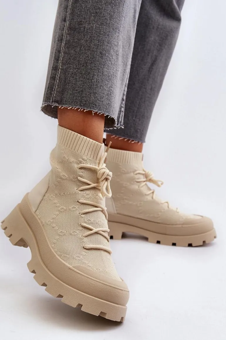 Damskie Skarpetkowe Wsuwane Botki Jasnobeżowe Solime