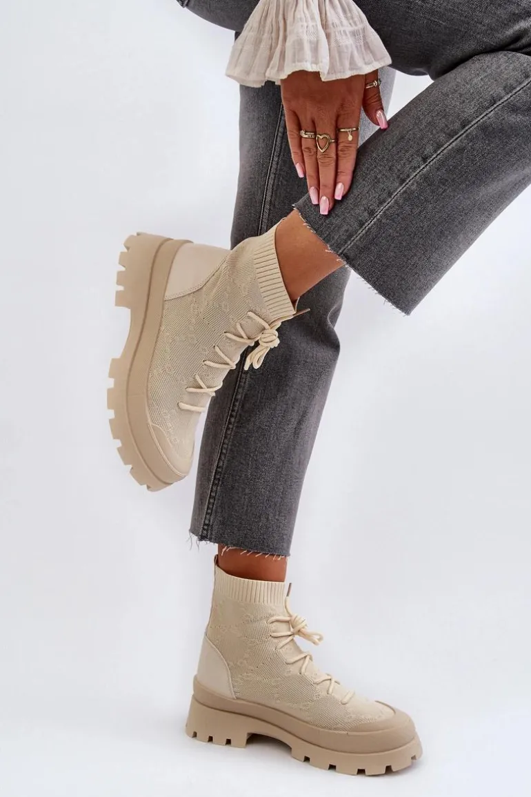 Damskie Skarpetkowe Wsuwane Botki Jasnobeżowe Solime