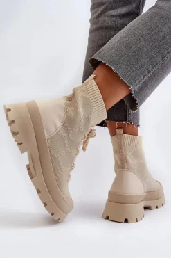 Damskie Skarpetkowe Wsuwane Botki Jasnobeżowe Solime
