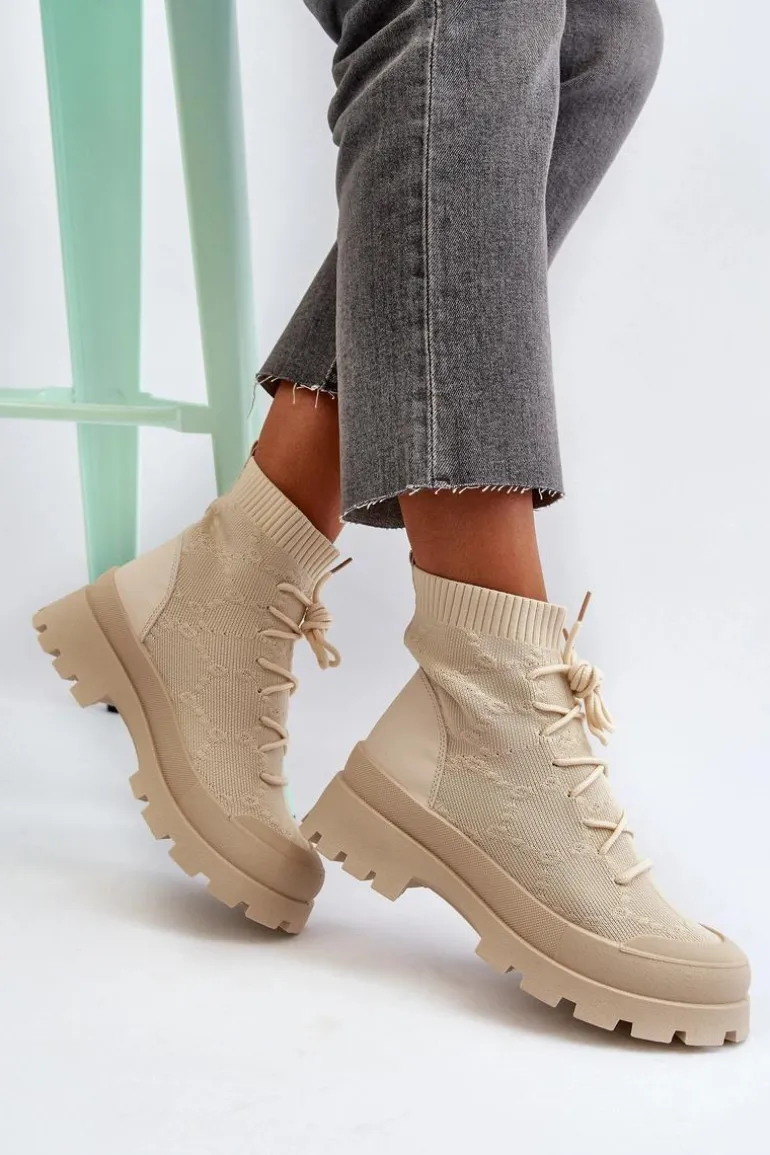 Damskie Skarpetkowe Wsuwane Botki Jasnobeżowe Solime