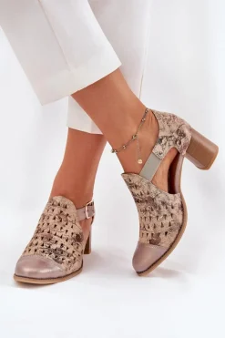Damskie Skórzane Ażurowe Botki Maciejka 04962-43 Beżowo-Złote