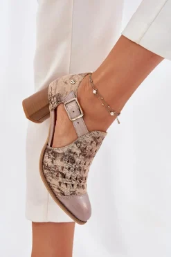 Damskie Skórzane Ażurowe Botki Maciejka 04962-43 Beżowo-Złote