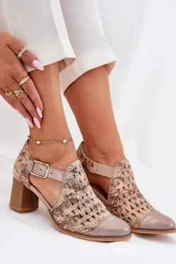 Damskie Skórzane Ażurowe Botki Maciejka 04962-43 Beżowo-Złote