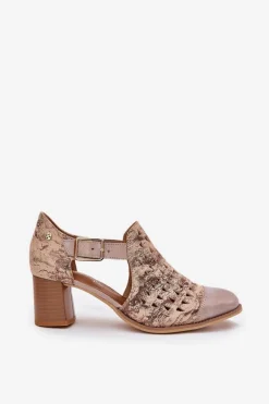 Damskie Skórzane Ażurowe Botki Maciejka 04962-43 Beżowo-Złote