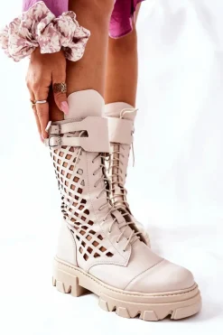 Damskie Skórzane Ażurowe Botki Trapery Beżowe Hootie