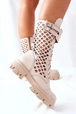 Damskie Skórzane Ażurowe Botki Trapery Beżowe Hootie