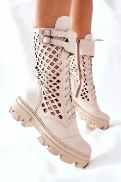 Damskie Skórzane Ażurowe Botki Trapery Beżowe Hootie