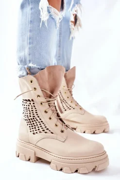 Damskie Skórzane Ażurowe Botki Trapery Beżowe Small Hootie