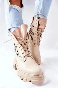 Damskie Skórzane Ażurowe Botki Trapery Beżowe Small Hootie