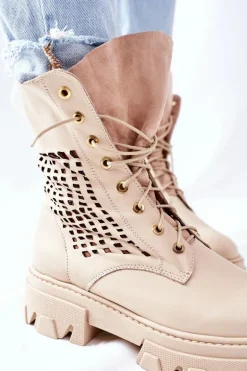 Damskie Skórzane Ażurowe Botki Trapery Beżowe Small Hootie