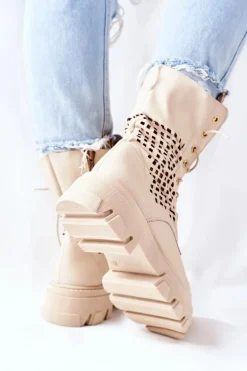 Damskie Skórzane Ażurowe Botki Trapery Beżowe Small Hootie