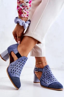 Damskie Skórzane Ażurowe Botki Maciejka 04962-06 Niebieskie