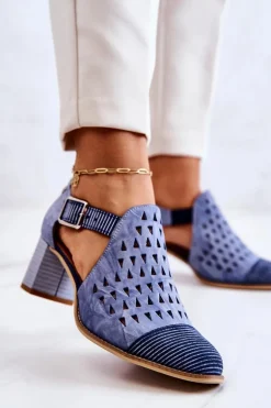 Damskie Skórzane Ażurowe Botki Maciejka 04962-06 Niebieskie