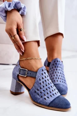 Damskie Skórzane Ażurowe Botki Maciejka 04962-06 Niebieskie