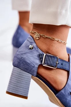 Damskie Skórzane Ażurowe Botki Maciejka 04962-06 Niebieskie