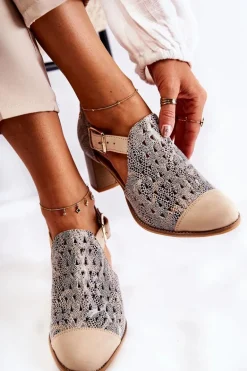 Damskie Skórzane Ażurowe Botki Maciejka 04962-04 Beżowe