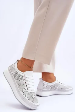 Damskie Skórzane Ażurowe Buty Sportowe Białe Marea