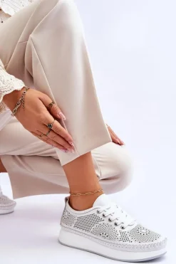 Damskie Skórzane Ażurowe Buty Sportowe Białe Marea