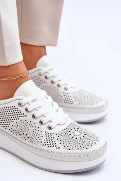 Damskie Skórzane Ażurowe Buty Sportowe Białe Marea