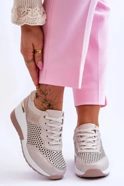 Damskie Skórzane Ażurowe Buty Sportowe Jasnobeżowe Virginia